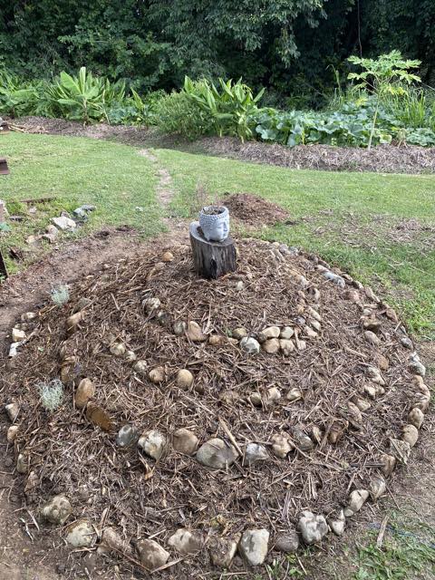 The same herb spiral covered in mulch