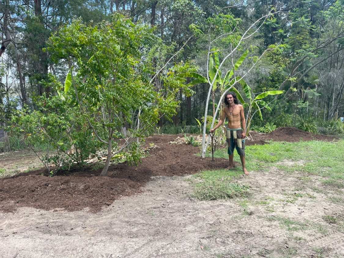 Joel standing with a fork beside a freshly mulched bed under a fruit tree