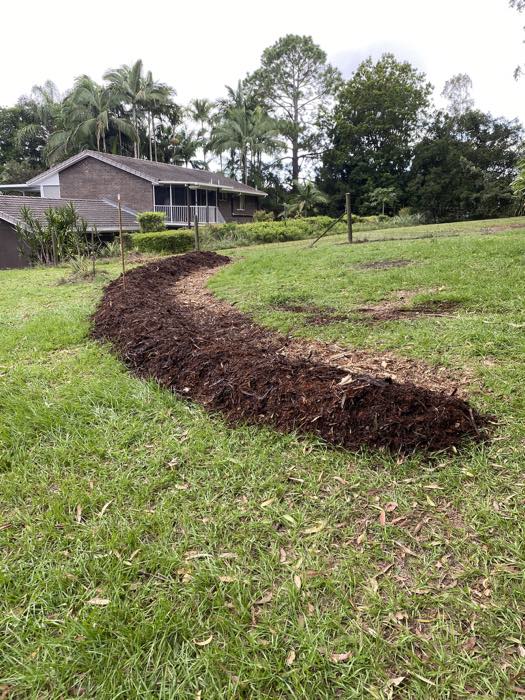 The finished swale curving across the grass under a thick layer of mulch